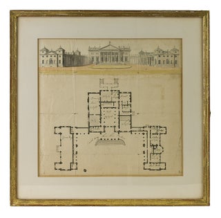Item #225139 Ink and watercolor rendering of an English manor house, with detailed plan of first...