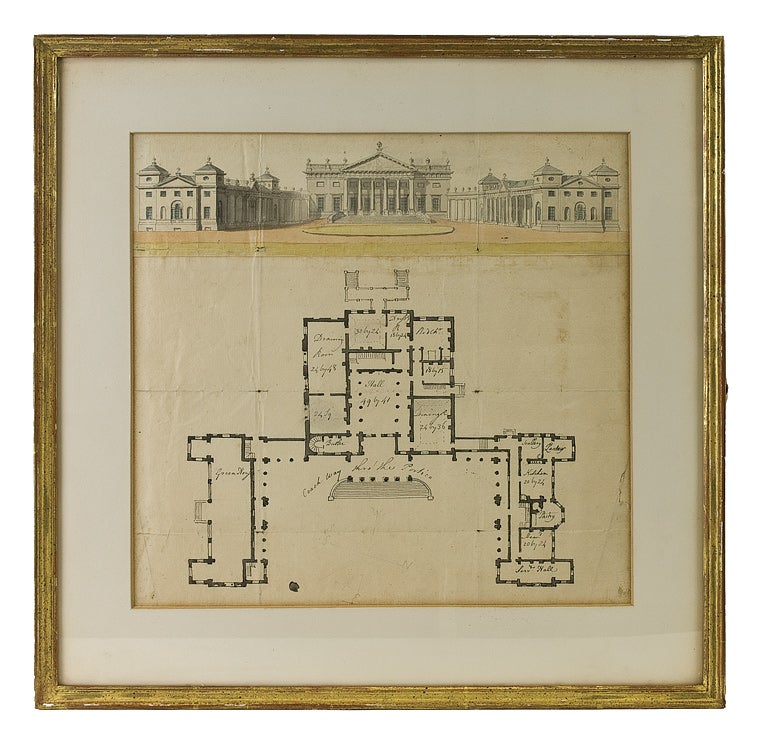 Item #225139 Ink and watercolor rendering of an English manor house, with detailed plan of first floor