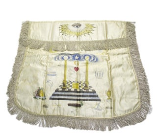 Item #226950 Masonic Apron Engraved and polychrome decorated on silk with silver thread fringe...