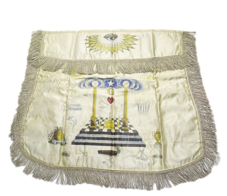 Item #226950 Masonic Apron Engraved and polychrome decorated on silk with silver thread fringe around the borders