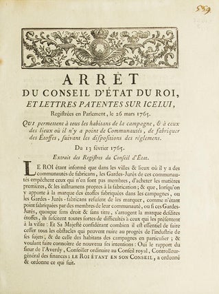 Item #22843 Arrêt du Conseil d'État du Roi et Lettres Patentes sur Icelui, Registrées en...