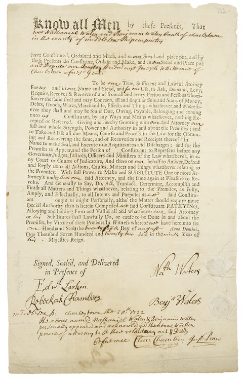 Item #228517 Printed Document, accomplished in manuscript, signed ("Nath. Waters & Benj. Waters"), granting Power of Attorney to "our trusted friend Capt. Joseph Whittemore" Massachusetts, Nathaniel Waters, Benjamin, 'ship carpenters"