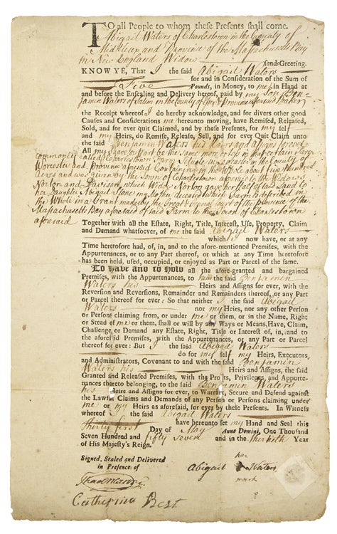Item #228523 Autograph Document, Signed ("Thad. Mason"), as Clerk of the Middlesex Courts for a legal deed between Abigail and Benjamin Waters. Massachusetts Charlestown.