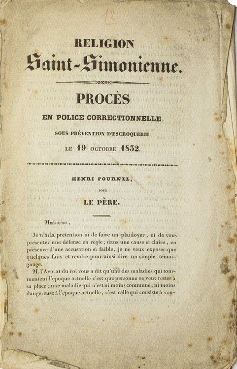 Simonianism Religion Saint-Simonienne. Procès en Police Correctionnelle sous ...