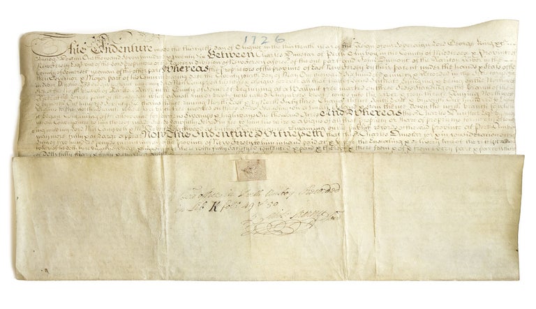 Item #228625 Manuscript Indenture signed (“Char. Dunster”), also signed (“Lewis Morris"), ("Alex. Mackdowell”), (“Mich. Kearny”), conveying 500 acres of land along the North Branch of the Raritan River, in the County of Somerset, in the Province of New Jersey, to John Dumont "for & in consideration of the sum of five hundred pounds current money of the province of New Jersey" New Jersey Somerset County, Charles Dunster.