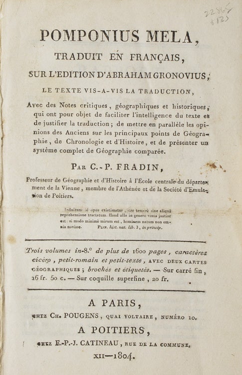 Pomponius Mela, Traduit en Français, sur l'Edition d'Abraham Gronovius; le texte vi-s-vis la Traduction”