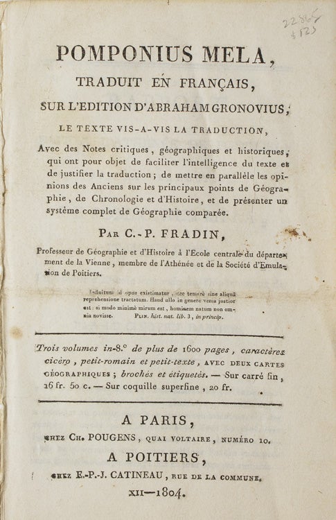 Pomponius Mela, Traduit en Français, sur l'Edition d'Abraham Gronovius; le texte vi-s-vis la Traduction”