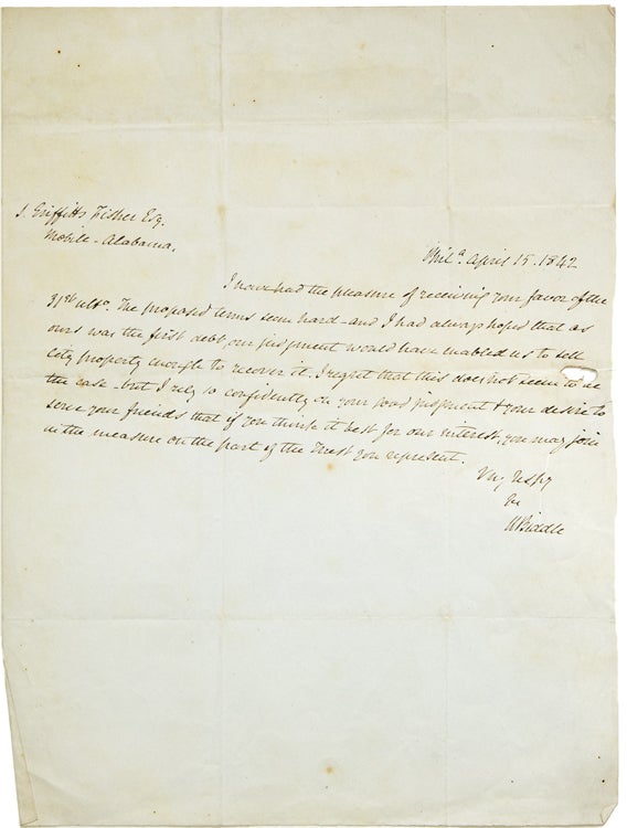 Item #228660 Autograph Letter, signed "N.Biddle.” to S. Griffith Fisher, of Mobile Alabama regarding the terms of a legal judgment. Nicholas Biddle, Biddle, icholas.