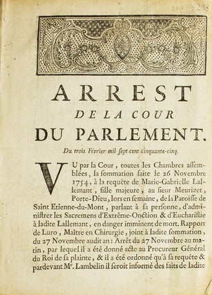Item #22872 Arrest de la Cour du Parlement du trois Février mil sept cent cinquante-cinq. French...