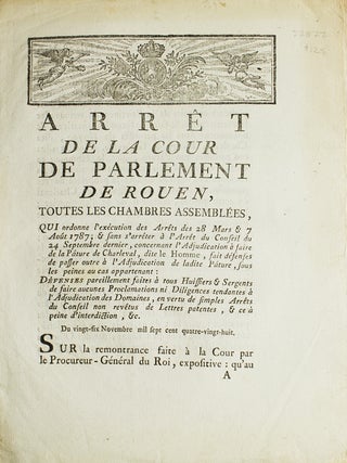 Item #22877 Arrêt de la Cour de Parlement de Rouen, toutes les Chambres Assemblés, qui ordonne...