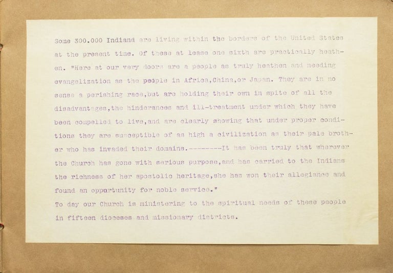 A brochure of clipped illustrations and typed text describing the work being carried on by the Missionaries of help the Native Americans