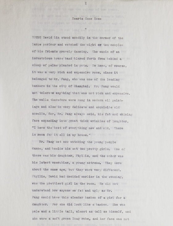 Item #230091 Typescript, signed ("Pearl S. Buck"), of her short story "Hearts Come Home". Pearl S. Buck.