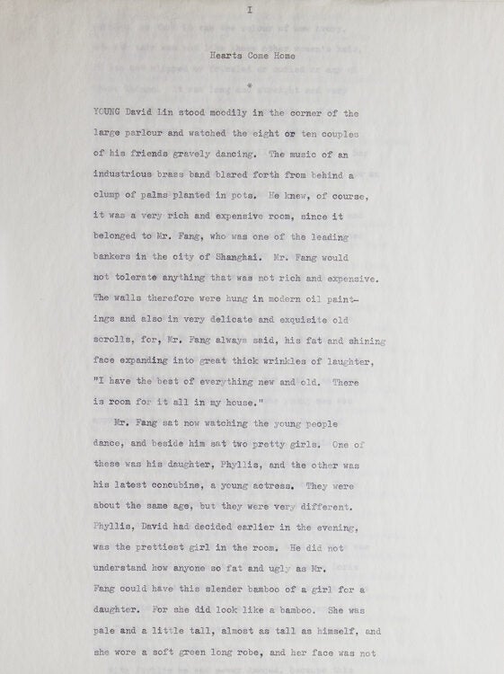 Item #230091 Typescript, signed ("Pearl S. Buck"), of her short story "Hearts Come Home". Pearl S. Buck.