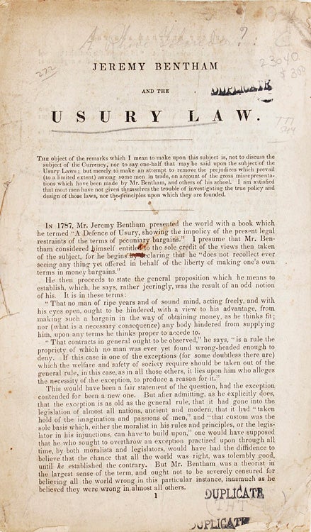 Item #23040 Jeremy Bentham and the Usury Law. Jeremy Bentham.