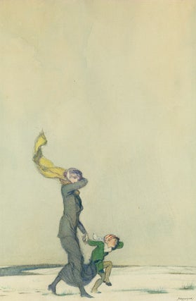 Item #231281 Drawing of mother and child walking hand in hand against a wintry wind. Claude A....
