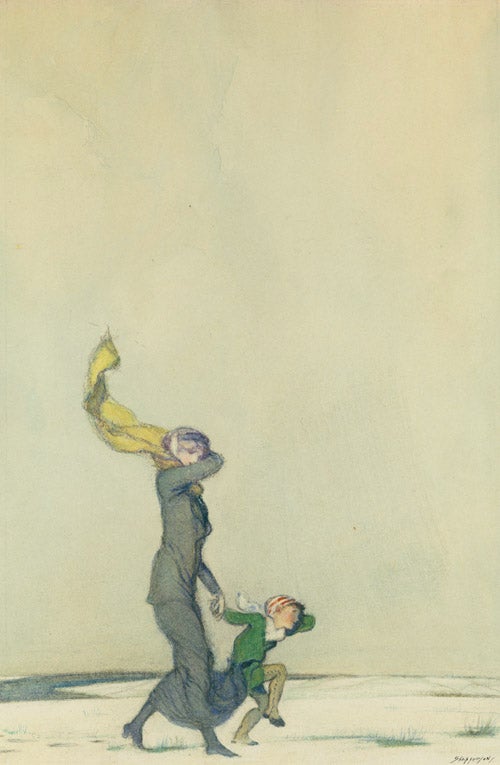 Item #231281 Drawing of mother and child walking hand in hand against a wintry wind. Claude A. Shepperson.