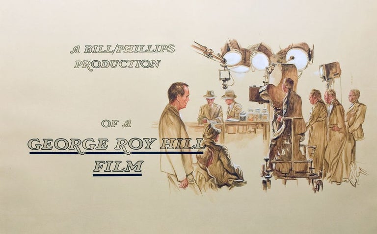 Item #231695 Title card illustration for the opening credit of The Sting, titled “A Bill/Philips Production of a George Roy Hill Film,“ and showing the camera operator, director, and others filming a scene. The Sting, Jerry Gebr, Jaroslav.