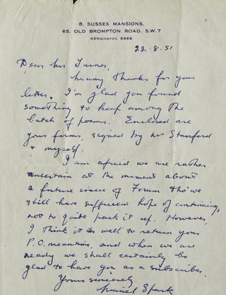 Item #232103 Autograph Letter Signed ("Muriel Spark"), as editor of her short-lived magazine THE...
