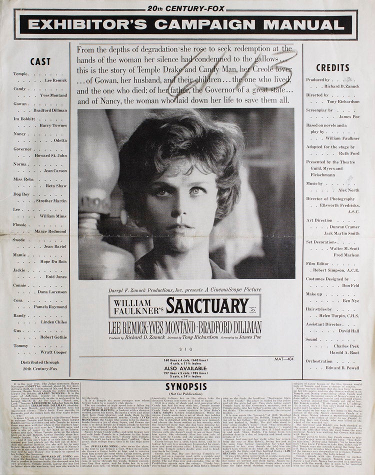 Sanctuary: Exhibitor's Campaign Manual. Produced by Richard D. Zanuck. Directed by Tony Richardson
