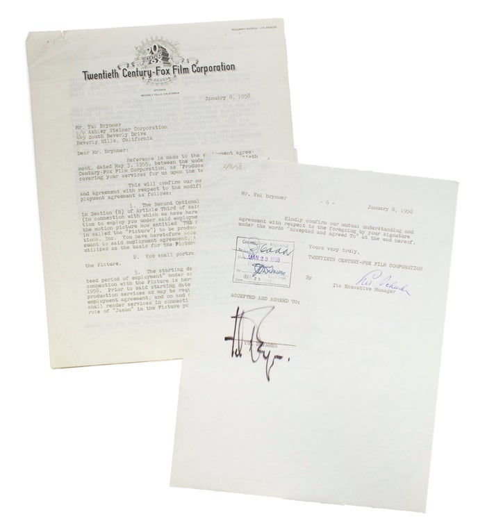 Item #233630 Typed Contract Signed between Yul Brynner and Twentieth-Century Fox, assignment Brynner the role of "Jason" in the movie version of William Faulkner's THE SOUND AND THE FURY. William Faulkner, Yul Brynner.