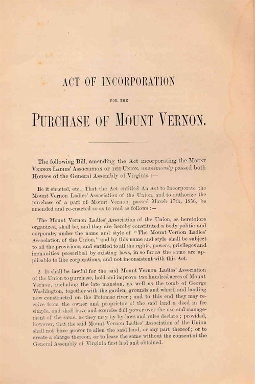 Item #233654 Act of Incorporation for the Purchase of Mount Vernon. George Washington.