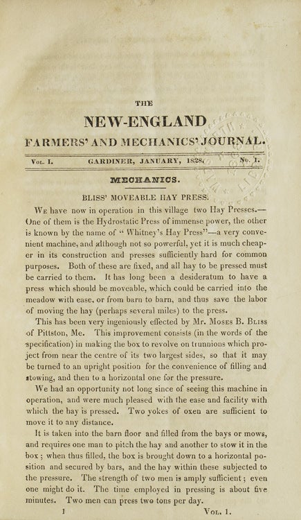 The New-England Farmers' and Mechanics' Journal. Vol. 1 Nos. 1-7 &10