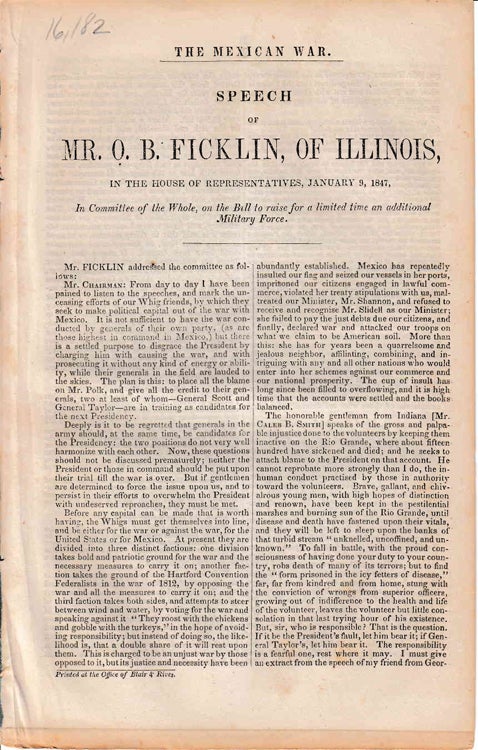Item #233664 Mexican War. Speech of Mr. OB. Ficklin, of Illinois. O. B. Ficklin.