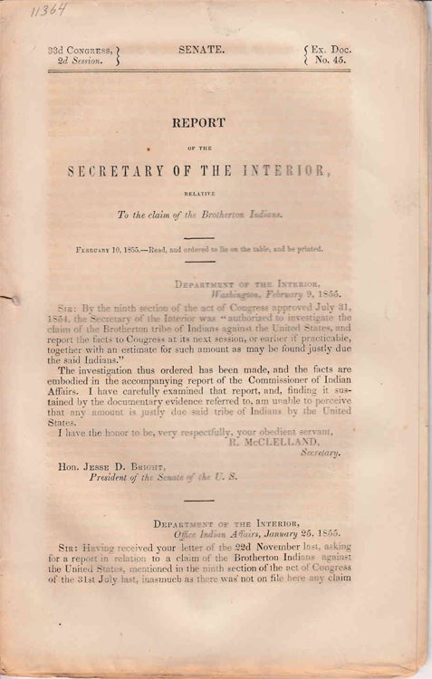 Item #233673 Report of the Secretary of the Interior, relative to the claim of the Brotherton Indians. Brotherton Indians.