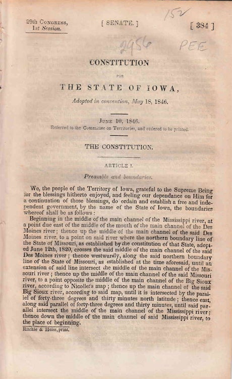Item #233728 Iowa. Constitution For The State Of Iowa, Adopted in Convention, May 18, 1846. Iowa.