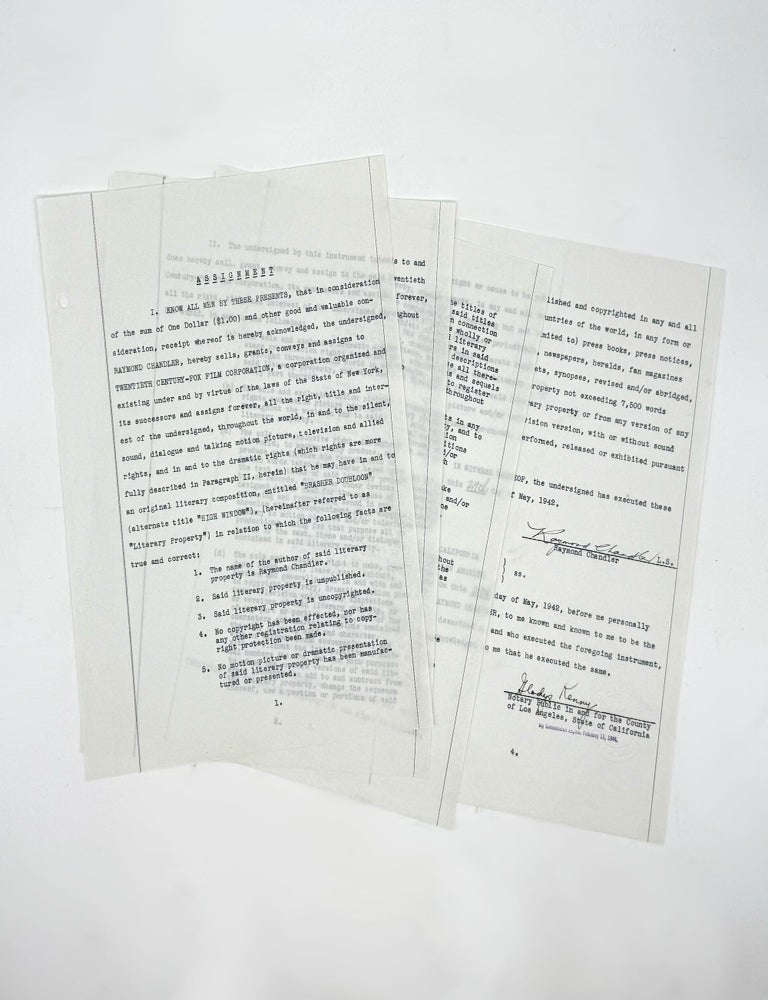 Original Typed Document, signed in ink (“Raymond Chandler”), dated 29 May 1942, assigning exclusive motion picture rights for his unpublished book “entitled BRASHER DOUBLOON (alternate title HIGH WINDOW)”