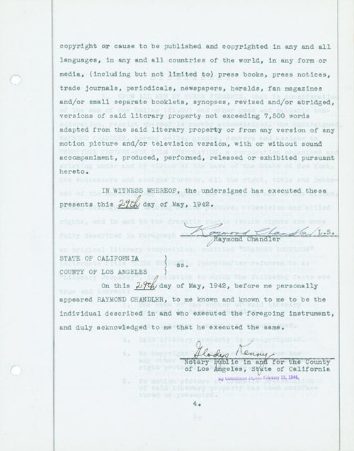 Original Typed Document, signed in ink (“Raymond Chandler”), dated 29 May 1942, assigning exclusive motion picture rights for his unpublished book “entitled BRASHER DOUBLOON (alternate title HIGH WINDOW)”