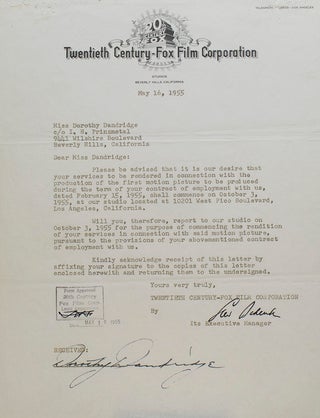 Item #233767 Typed Contract signed between Dorothy Dandridge and Twentieth-Century Fox, to...