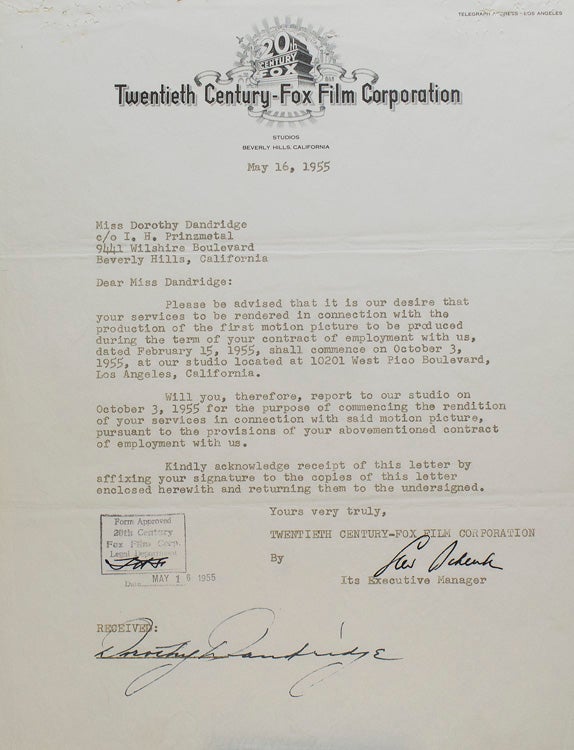 Item #233767 Typed Contract signed between Dorothy Dandridge and Twentieth-Century Fox, to "render services as star or co-star in two class 'A' feature length motion pictures" Dorothy Dandridge.