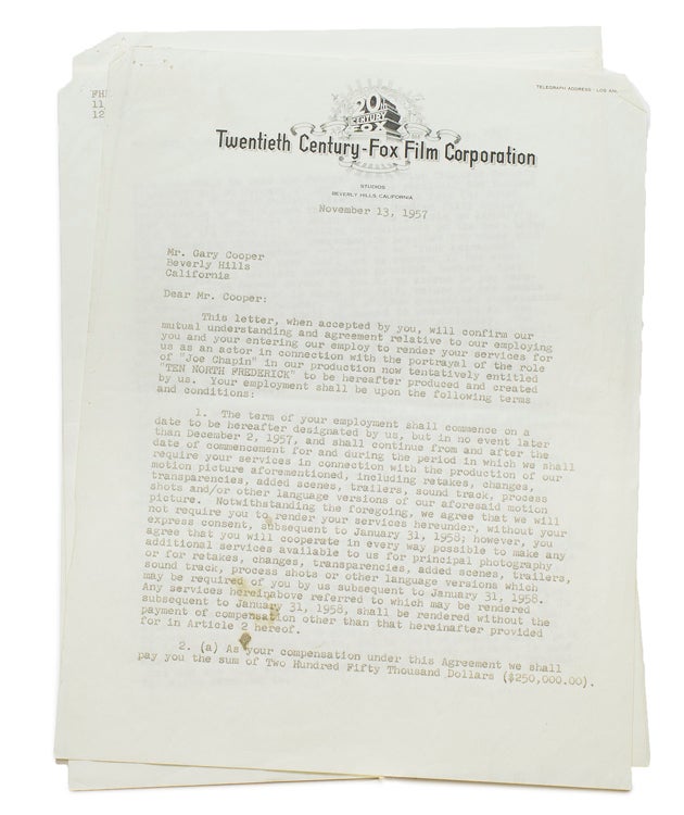 Item #233768 Typed Contract signed, between Gary Cooper and Twentieth-Century Fox , being agreement that Cooper play the role of "Joe Chapin" in the production of TEN NORTH FREDERICK (1958). Gary Cooper.