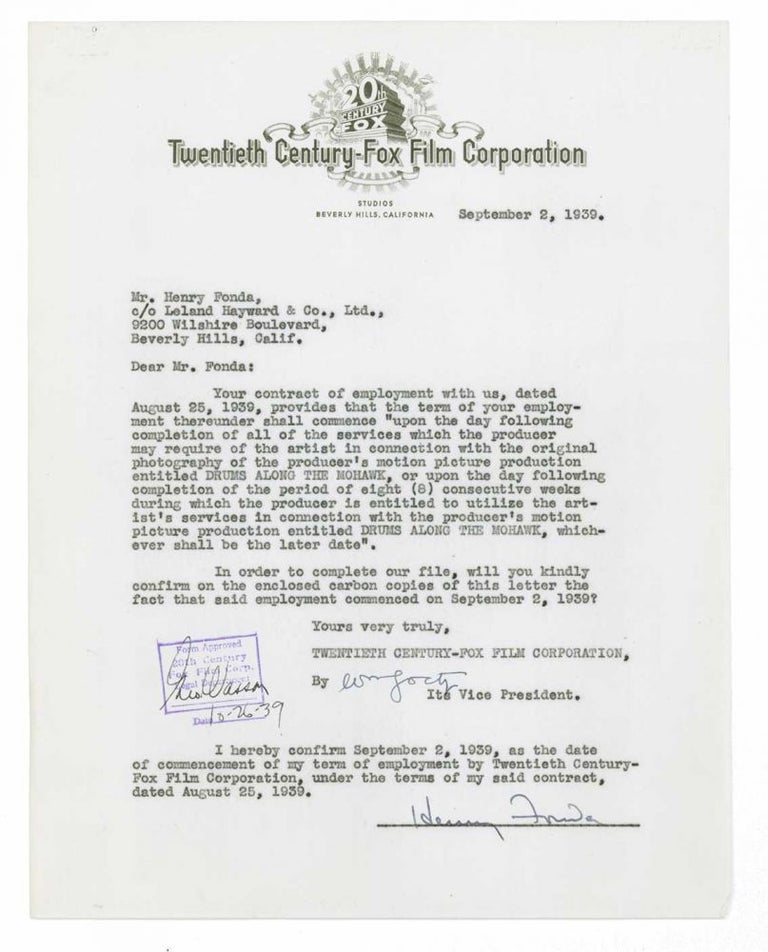 Item #233806 Typed Letter Signed to Twentieth-Century Fox, confirming that their one-year contact begins on September 2, 1939 - just be fore the making of THE GRAPES OF WRATH (1940). Henry Fonda.