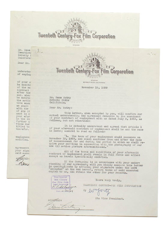 Item #233814 Two Typed Letters of Agreement, signed, to Twentieth-Century Fox, confirming two amendments regarding the starting date of a previously signed contact from July 3, 1939. Gene Autry.