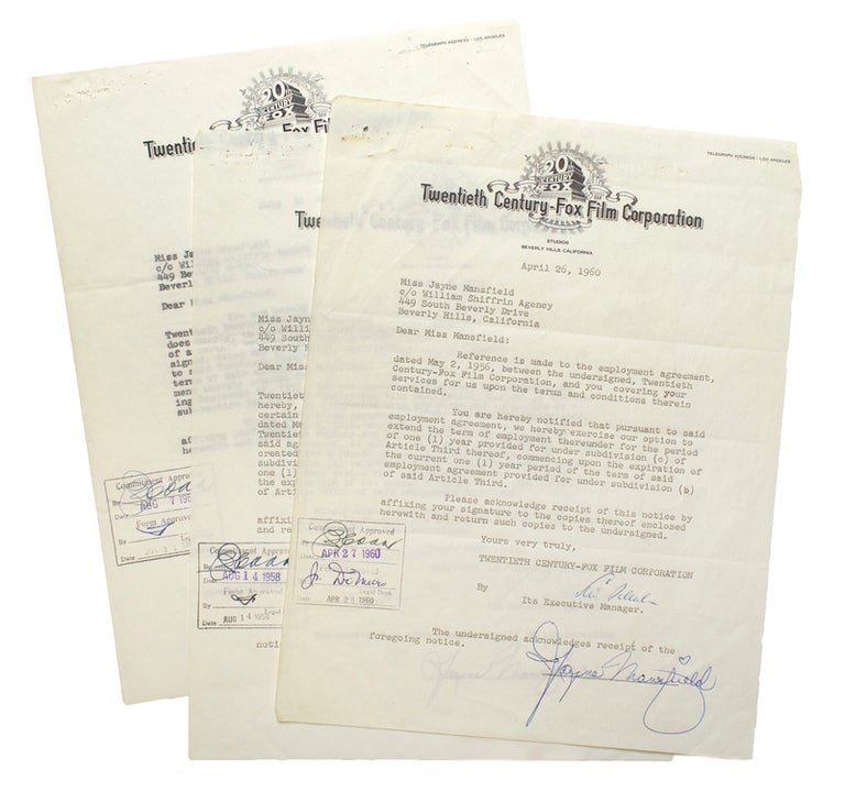 Item #234014 Group of 3 typed letters from 20th-Century Fox, signed by Mansfield, extending options on her contract. Jayne Mansfield.