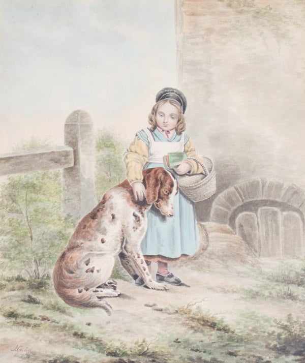 Item #234397 Watercolor on paper: Young girl holding a book and basket, petting a dog. Joshua Cristall, British.