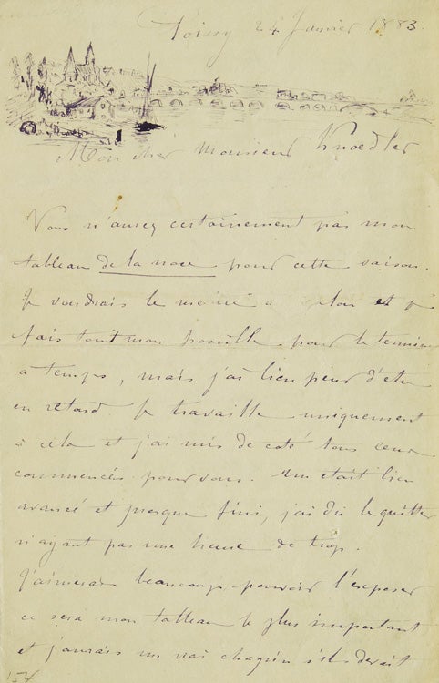 Item #234643 Autograph Letter Signed, to "Monsieur Knoedler", with an original pen-and-ink sketch of Poissy. Charles Meissonier.