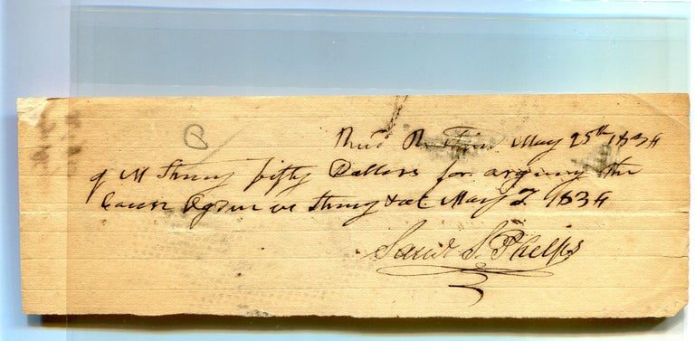 Item #235082 Autograph document signed ("Saml. S. Phelps") also signed by Judge, William C. Kittredge ("Wm C. Kittredge") and Justice of the Peace, Amos Thompson ("A. Thompson"). Vermont, Samuel Shethar Phelps.