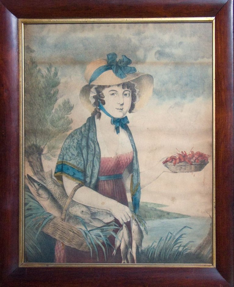 Pair of hand-colored lithograph portraits: one of a woman with a basket of fish and a basket of prawns; another of a man with a basket of game fowl, holding over his shoulder a stick with another fowl attached