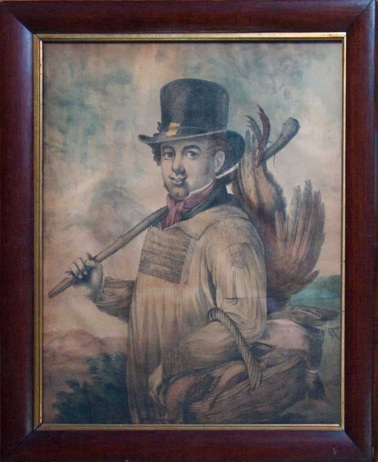 Pair of hand-colored lithograph portraits: one of a woman with a basket of fish and a basket of prawns; another of a man with a basket of game fowl, holding over his shoulder a stick with another fowl attached