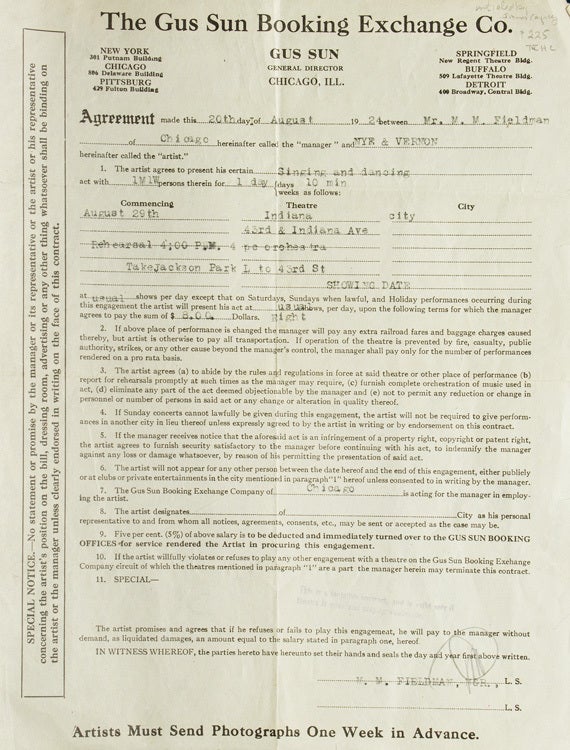 Contract initialed by James Cagney in pencil for Nye & Vernon singing ...