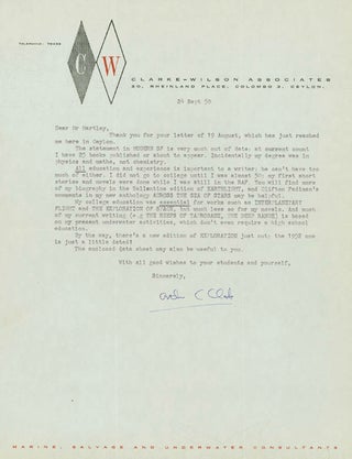 Item #23555 Typed Letter Signed ("Arthur C. Clarke") to Westley S. Hartley, in response to the...