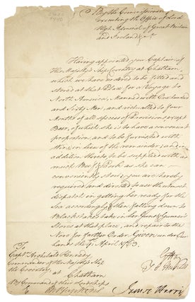 Item #23620 Manuscript document, one page, signed by Thomas Orby Hunter, James Harris (tear...