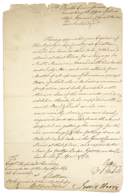 Manuscript document, one page, signed by Thomas Orby Hunter, James Harris (tear affecting letter) and G. Hay, as Commissioners