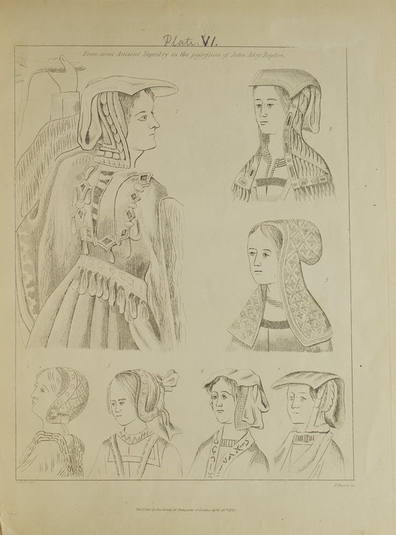Observations on Female Head-dress in England, chiefly subsequent to the date of Mr. Strutt's Remarks in his "Habits of the People of England" ... in a letter to Nicholas Carlisle pp. 29-76 WITH: Observations on certain Ornaments of Female Dress by Francis Douce pp. 215-216 WITH: Observations on the various Fashions of hats, Bonnets or Coverings for the head, chiefly from the Reign of King Henry VIII to the 18th Century by John Adey Repton pp. 168-190. FROM: the History of the Stage