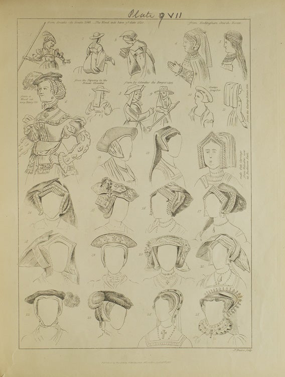 Observations on Female Head-dress in England, chiefly subsequent to the date of Mr. Strutt's Remarks in his "Habits of the People of England" ... in a letter to Nicholas Carlisle pp. 29-76 WITH: Observations on certain Ornaments of Female Dress by Francis Douce pp. 215-216 WITH: Observations on the various Fashions of hats, Bonnets or Coverings for the head, chiefly from the Reign of King Henry VIII to the 18th Century by John Adey Repton pp. 168-190. FROM: the History of the Stage