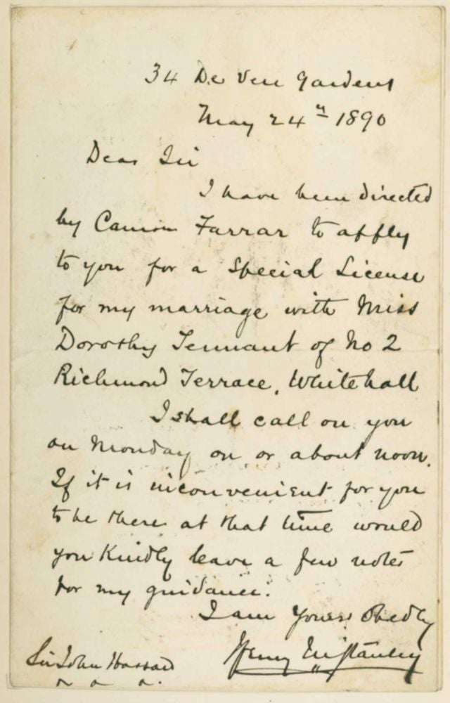 Autograph Letter Signed (“Henry M. Stanley”), applying for a “Special License for my marriage with Miss Dorothy Tennant …” [Tipped into:] Autobiography of Sir Henry Morton Stanley (Boston, 1909)