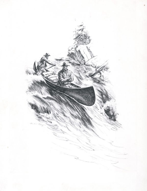 Item #237210 Original drawing for "The Happy End": to illustrate the story "The Old Men's Pool", depicting two men in a laden canoe running the Little Falls of the Humber River, Newfoundland, the river in full spate, Fergus Hamilton in the bow sitting with arms folded across his chest, smoking a pipe, Joe Denny in the stern holding firm to his paddle and guiding the canoe. Churchill Ettinger.